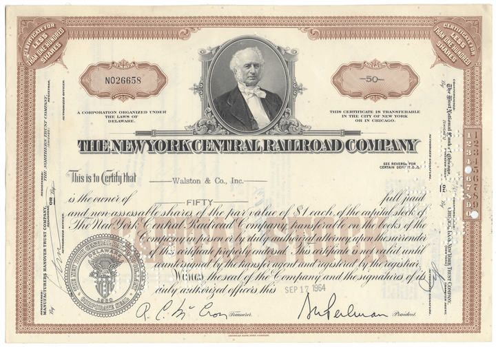 Vintage stock certificate of the New York Central Railroad Company with a portrait of a man.
