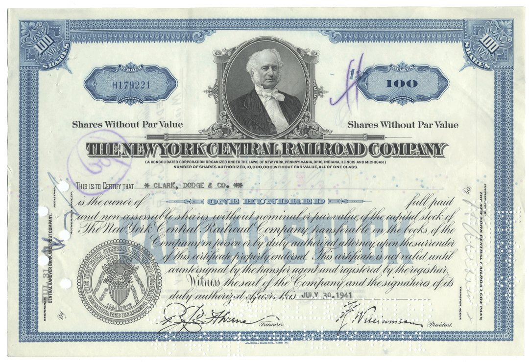 Share certificate from The New York Central Railroad Company with a portrait of a man and text.