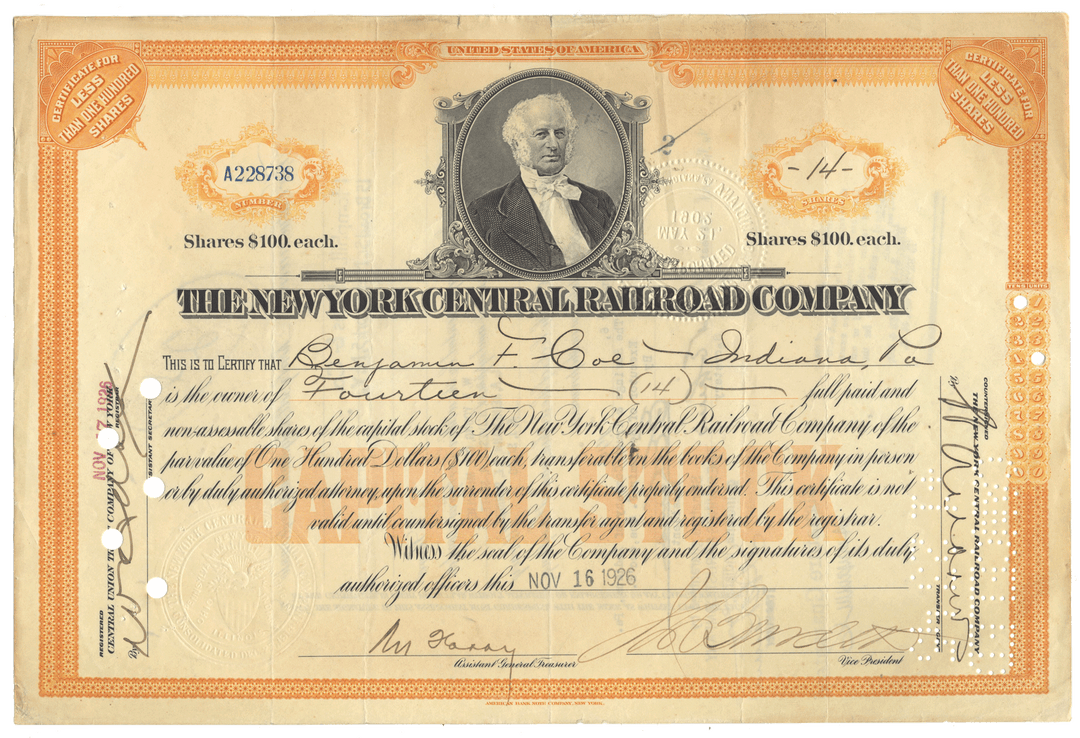Stock certificate of The New York Central Railroad Company from 1926