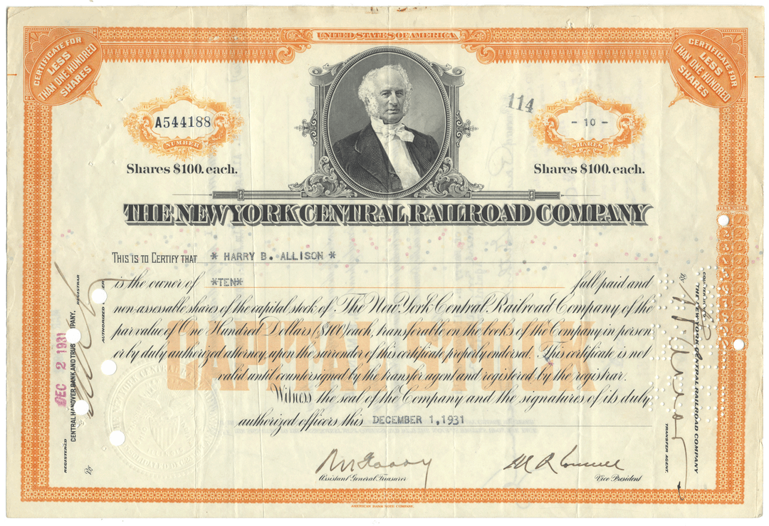 Vintage stock certificate of The New York Central Railroad Company with an illustration of a man.