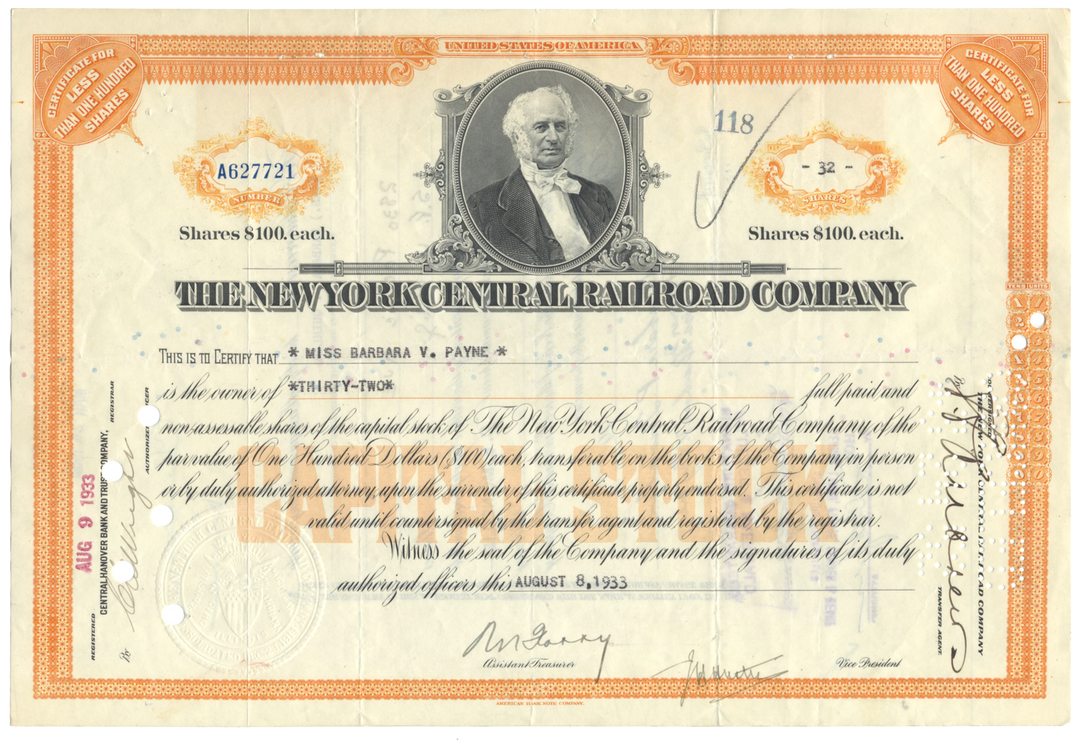 New York Central Railroad Company Stock Certificate