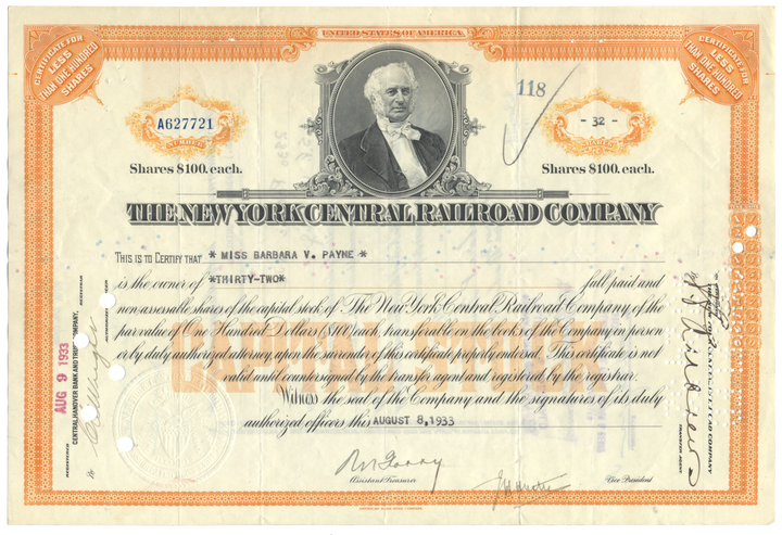 New York Central Railroad Company Stock Certificate