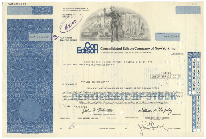 Vintage stock certificate for Consolidated Edison Company of New York, Inc.
