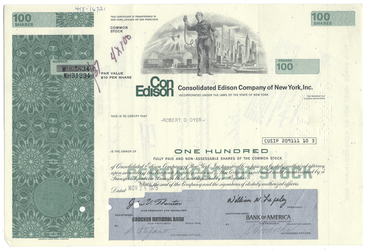 Stock certificate of Consolidated Edison Company of New York, Inc.