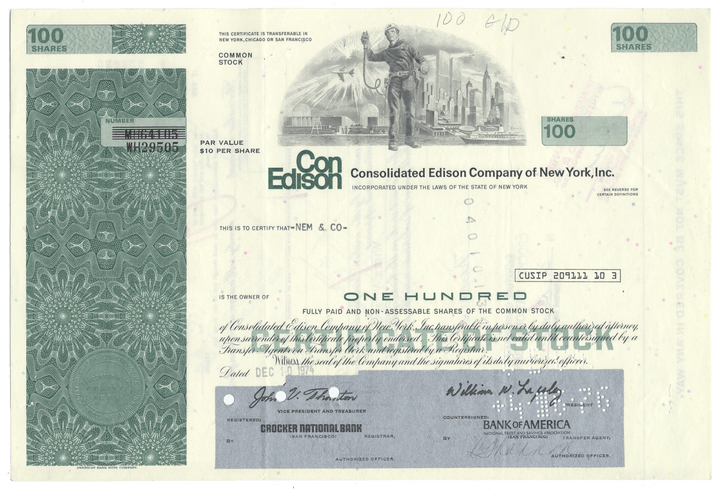 Vintage stock certificate for Consolidated Edison Company of New York, Inc. from 1974
