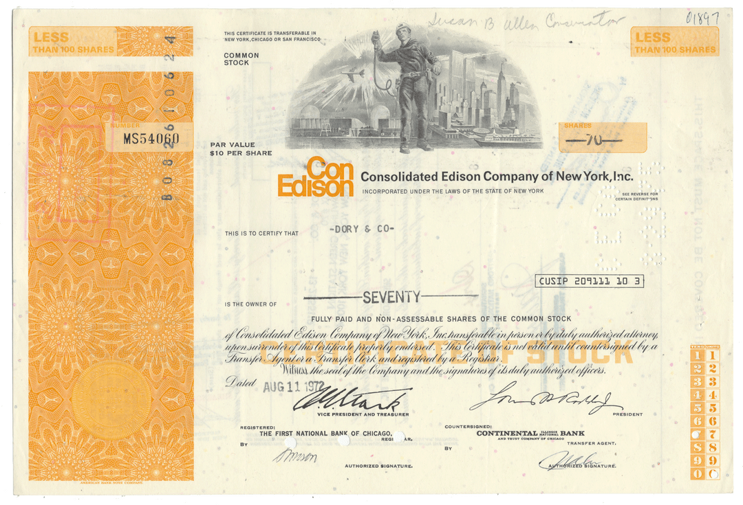 Vintage stock certificate for Consolidated Edison Company of New York, Inc. from 1972