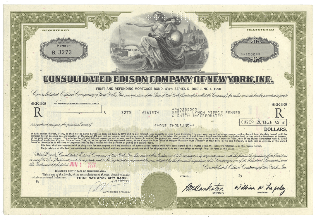 Consolidated Edison Company of New York, Inc. bond certificate from 1974