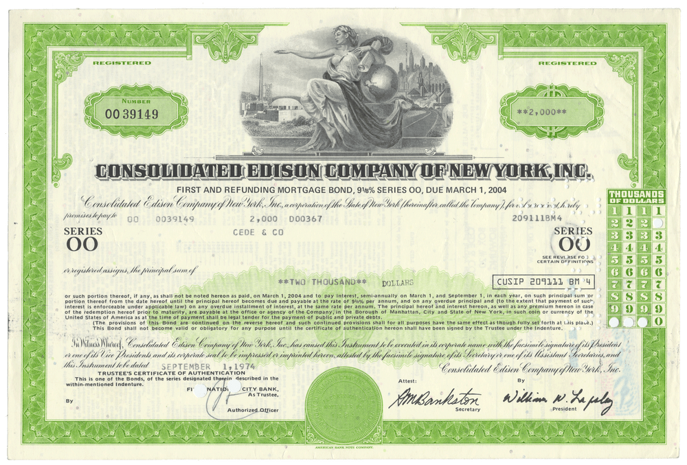 Historical bond certificate of Consolidated Edison Company of New York, Inc.