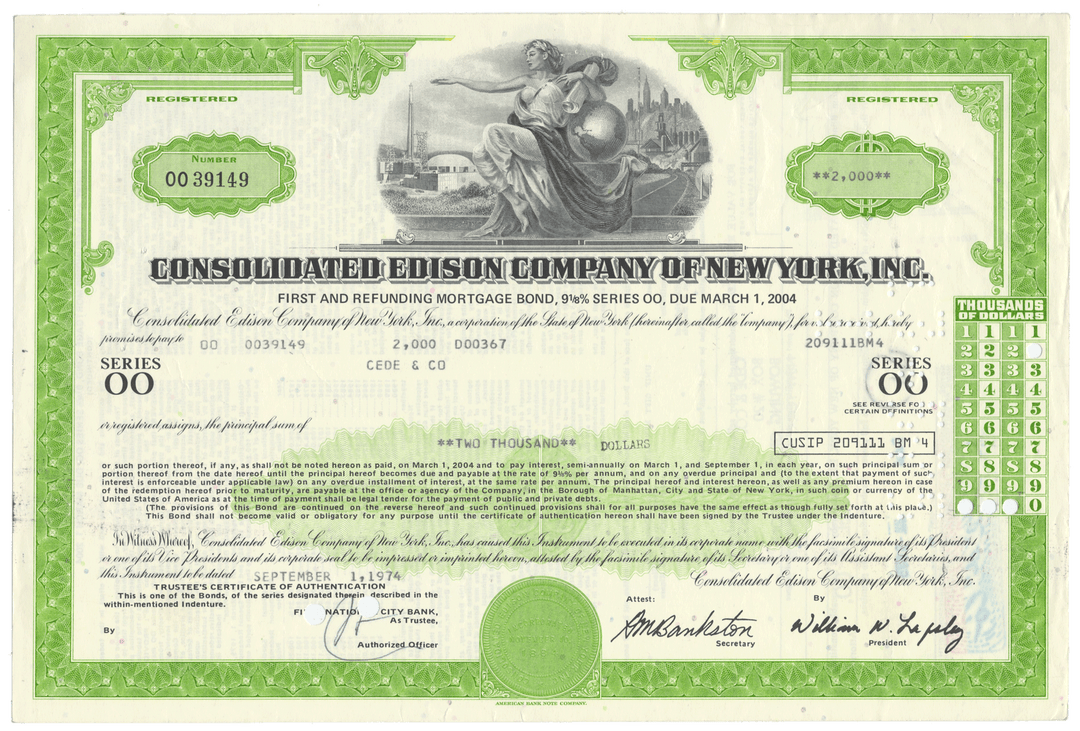 Historical bond certificate of Consolidated Edison Company of New York, Inc.