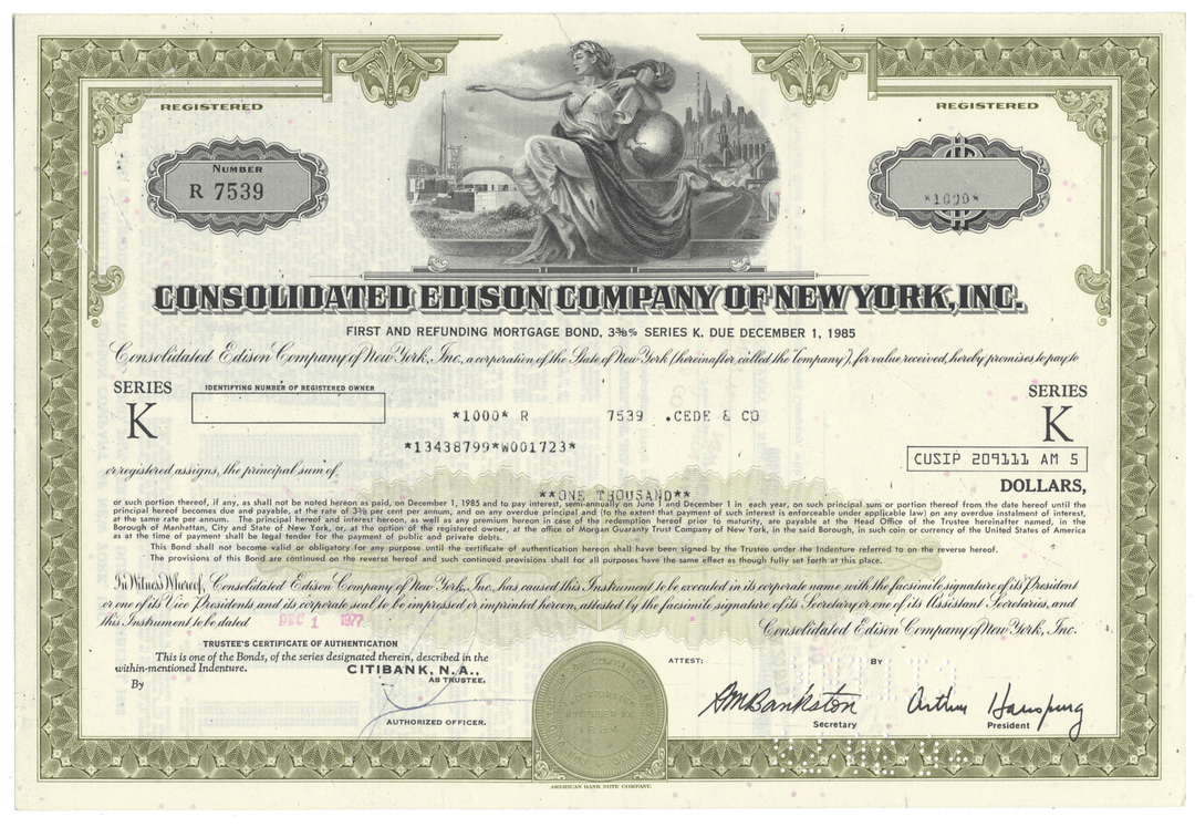 Historical bond certificate of the Consolidated Edison Company of New York, Inc.
