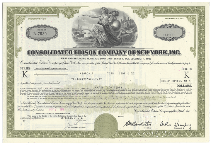 Historical bond certificate of the Consolidated Edison Company of New York, Inc.