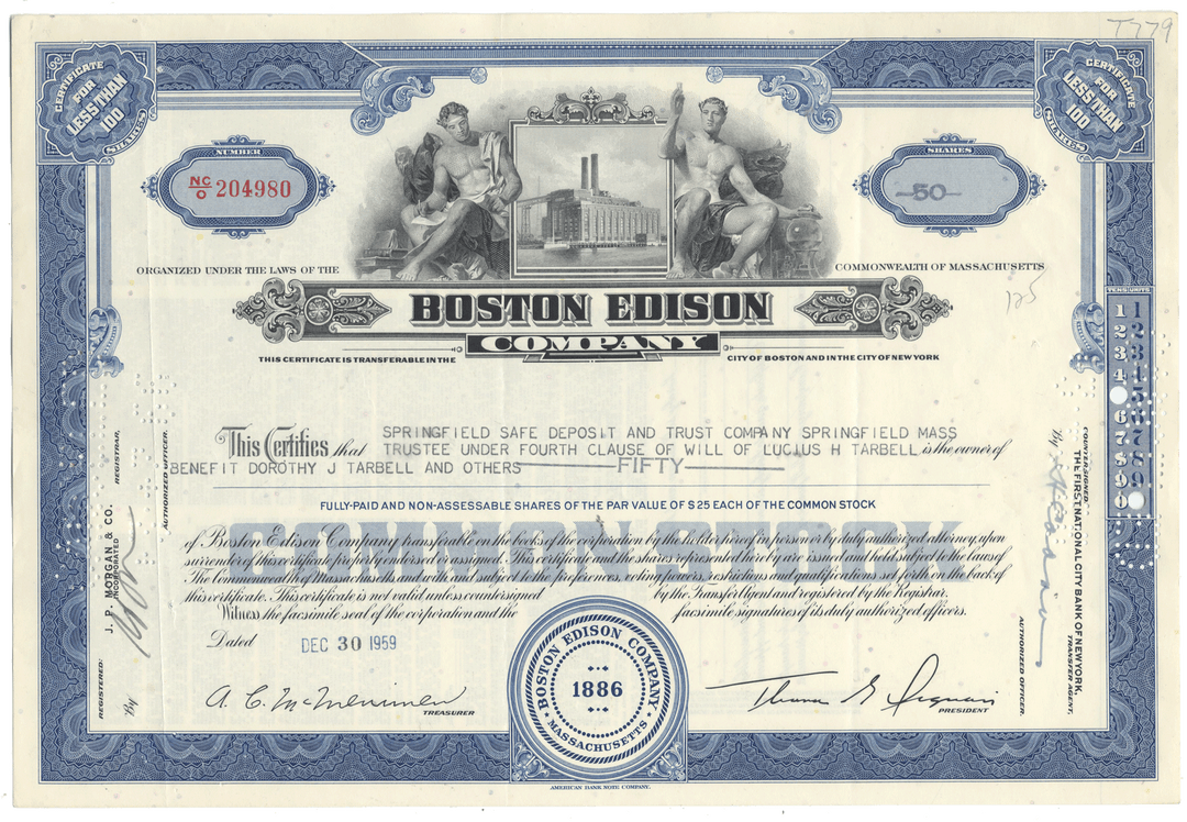 Historical stock certificate of the Boston Edison Company with decorative elements and text.