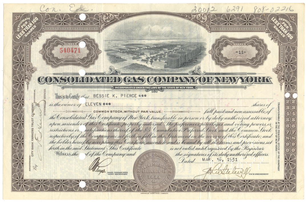 Consolidated Gas Company of New York Stock Certificate