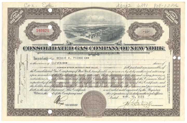 Consolidated Gas Company of New York Stock Certificate