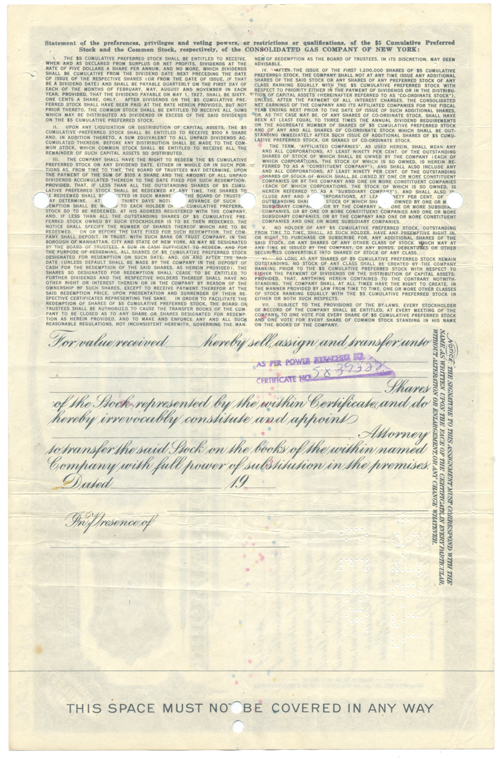 Consolidated Gas Company of New York Stock Certificate