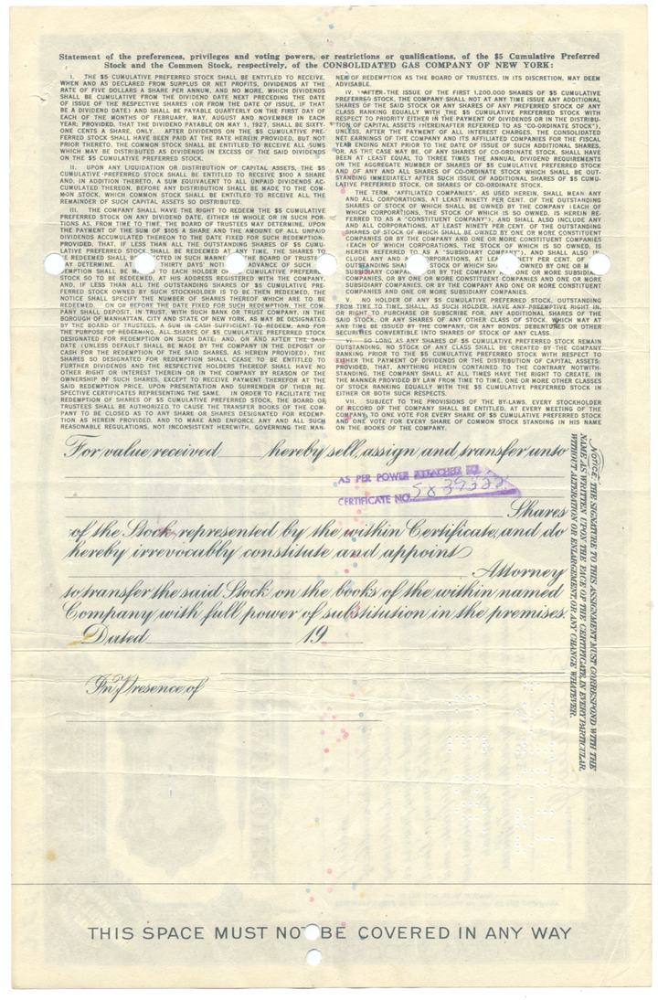 Consolidated Gas Company of New York Stock Certificate