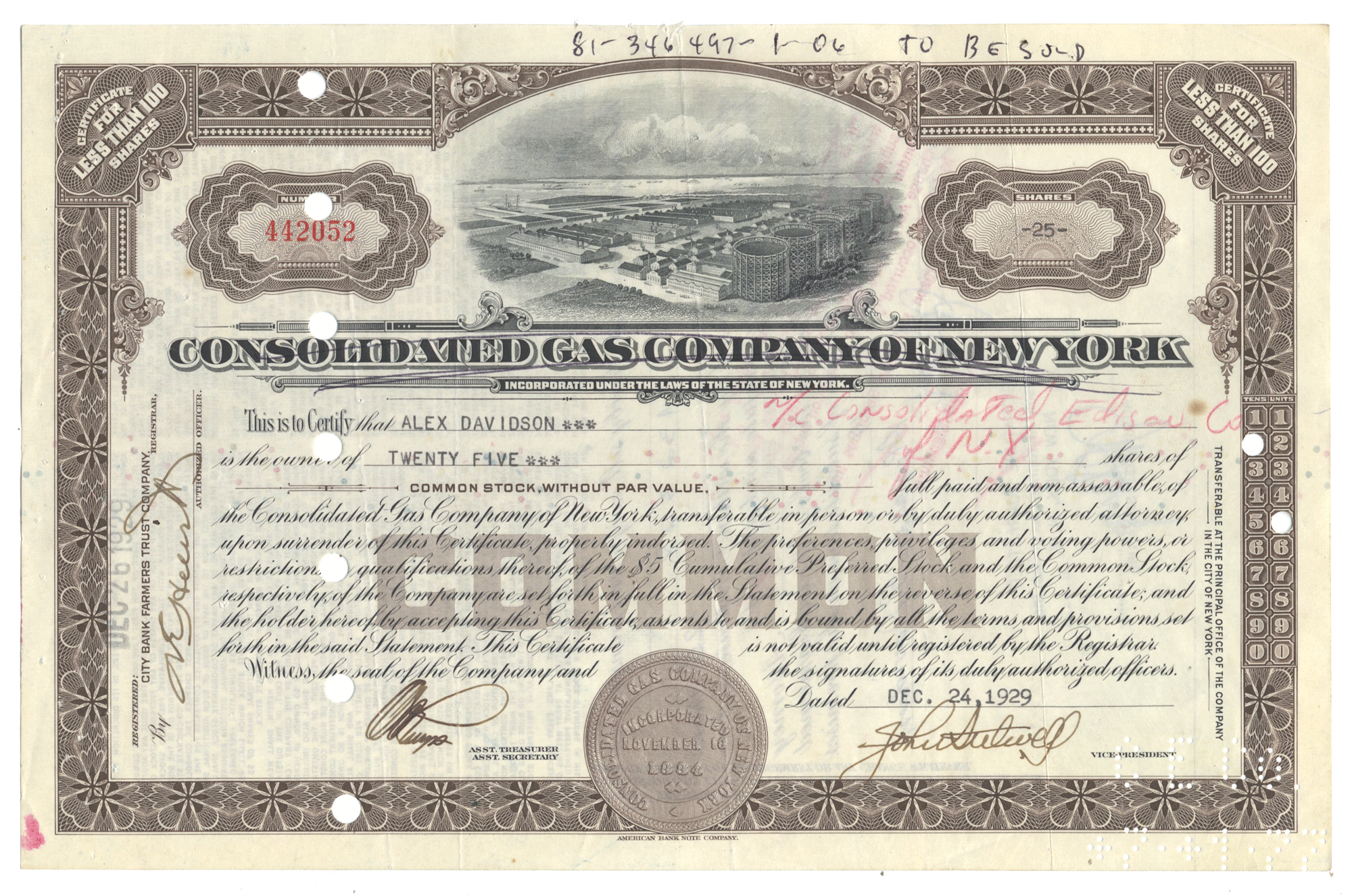 Vintage stock certificate of Consolidated Gas Company of New York from 1929