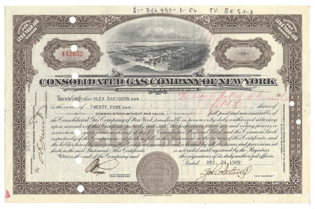 Vintage stock certificate of Consolidated Gas Company of New York from 1929