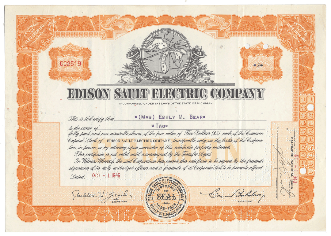 Edison Sault Electric Company stock certificate with decorative border and seal.