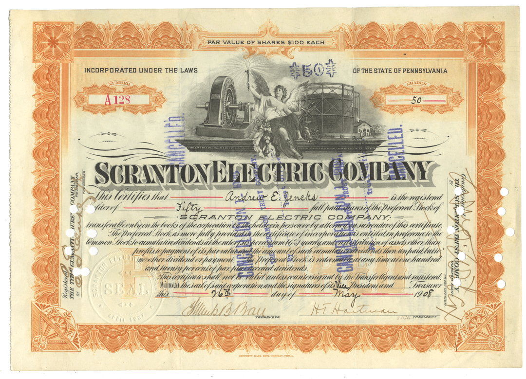 Scranton Electric Company stock certificate with decorative elements and text from 1908