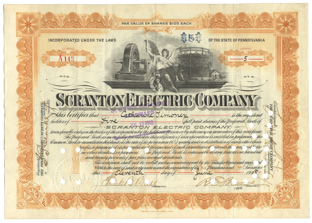 Scranton Electric Company stock certificate with decorative elements and text.