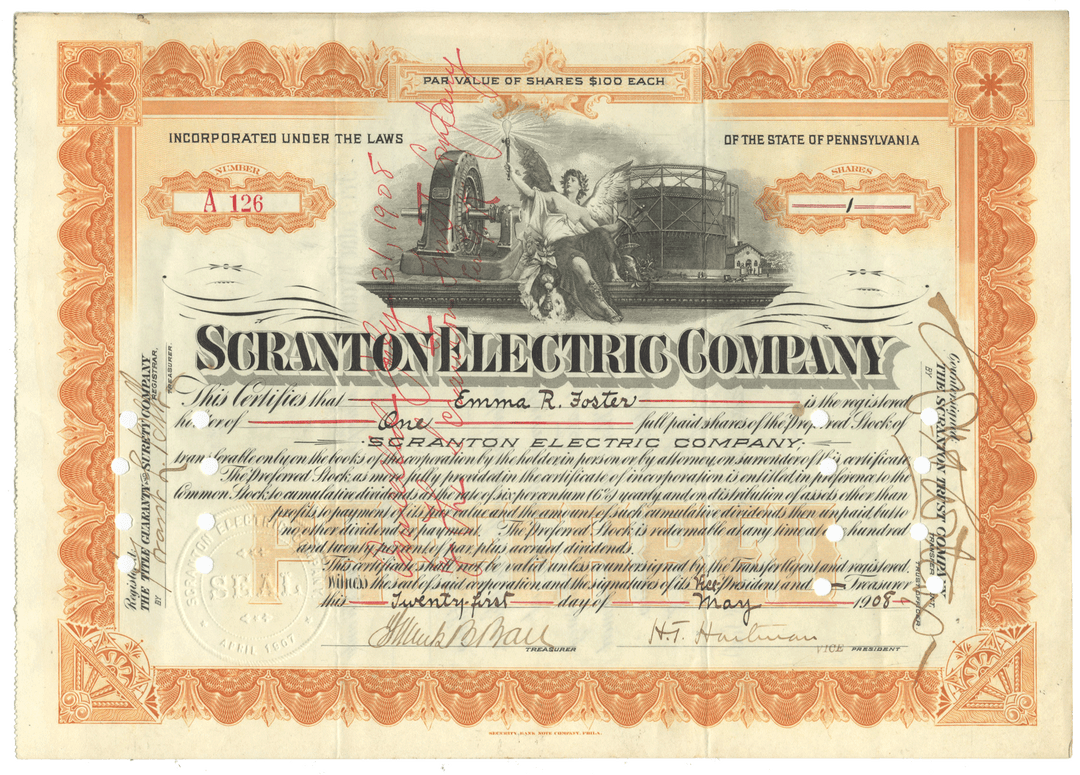 Vintage Scranton Electric Company stock certificate.