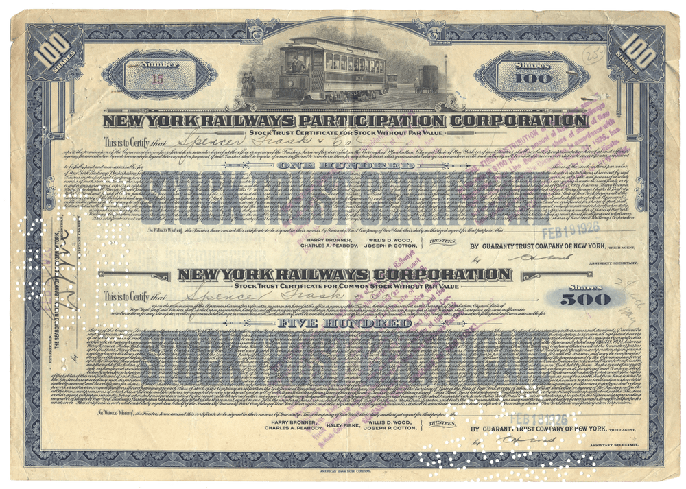 New York Railways Participation Corporation/New York Railways Corporation Stock Certificate