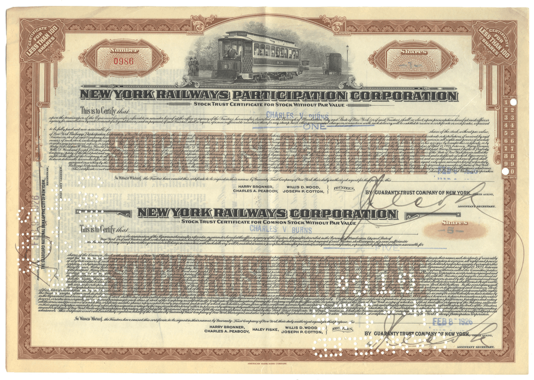 New York Railways Participation Corporation/New York Railways Corporation Stock Certificate