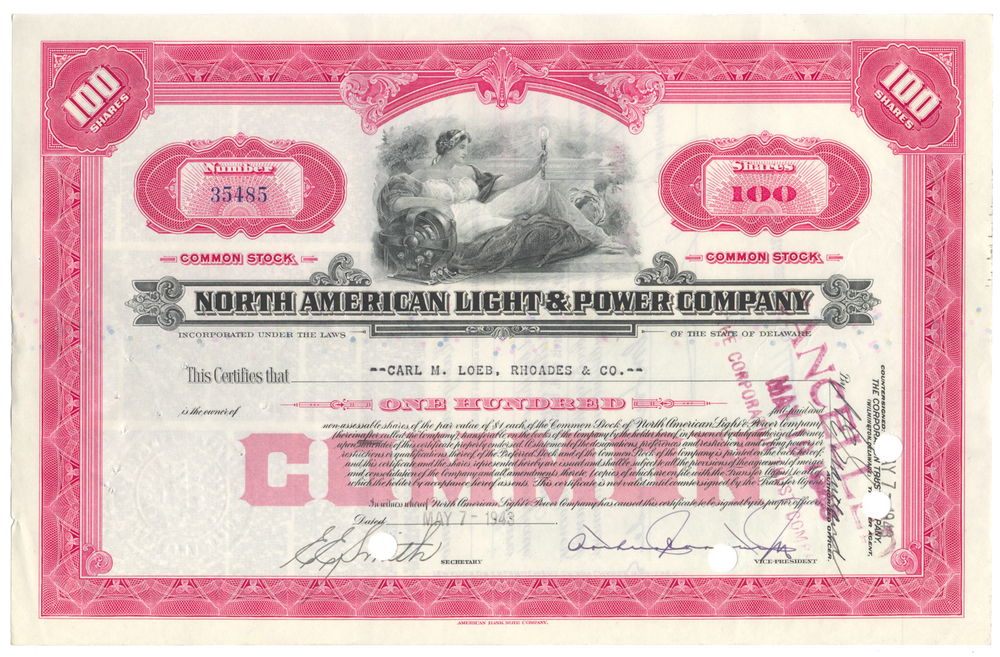 North American Light & Power Company Stock Certificate