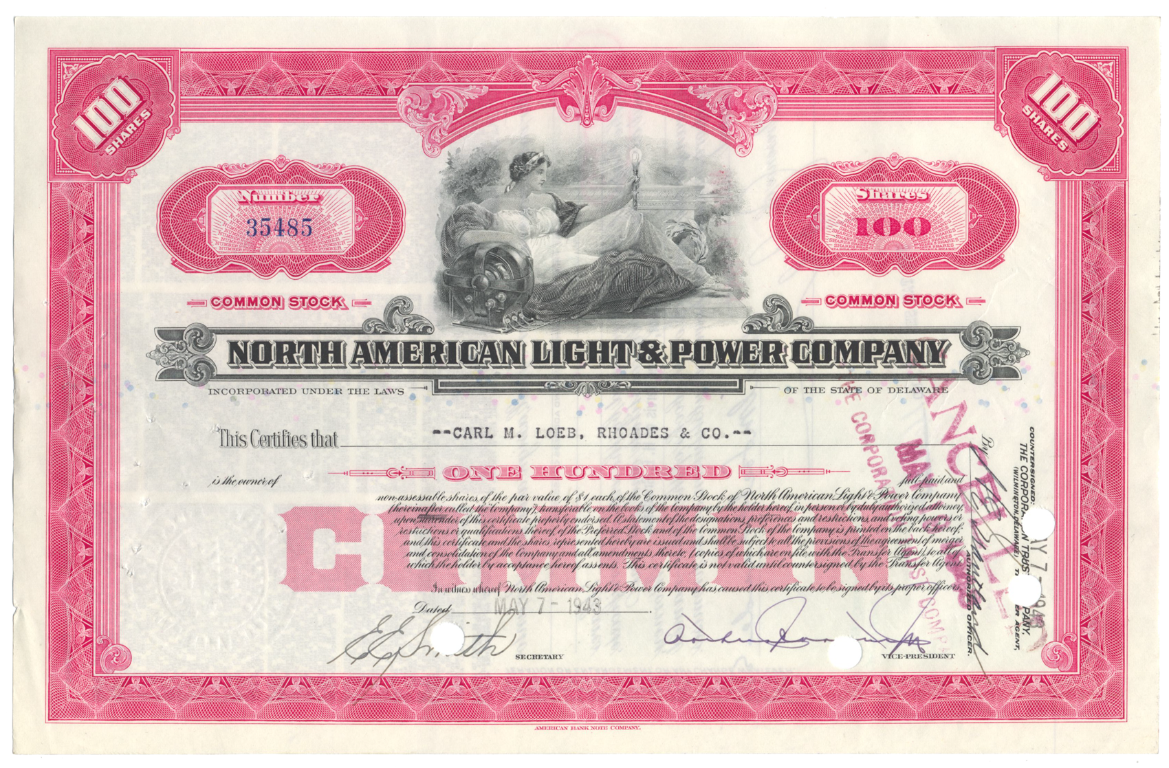 Vintage stock certificate for North American Light & Power Company from 1943