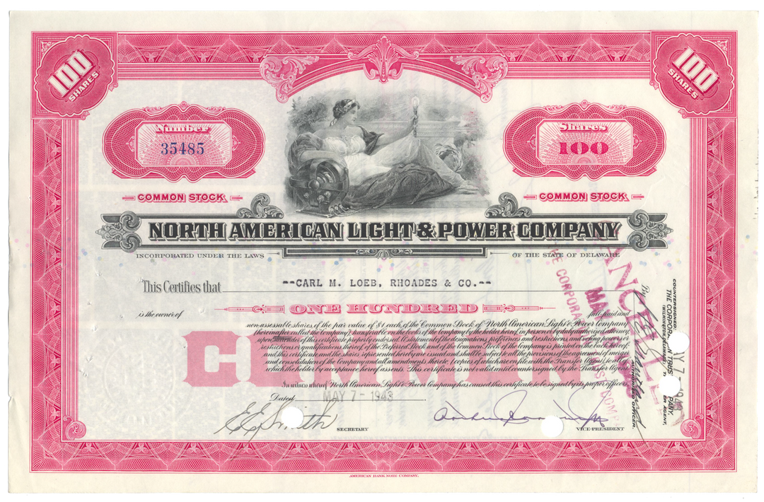 Vintage stock certificate for North American Light & Power Company from 1943