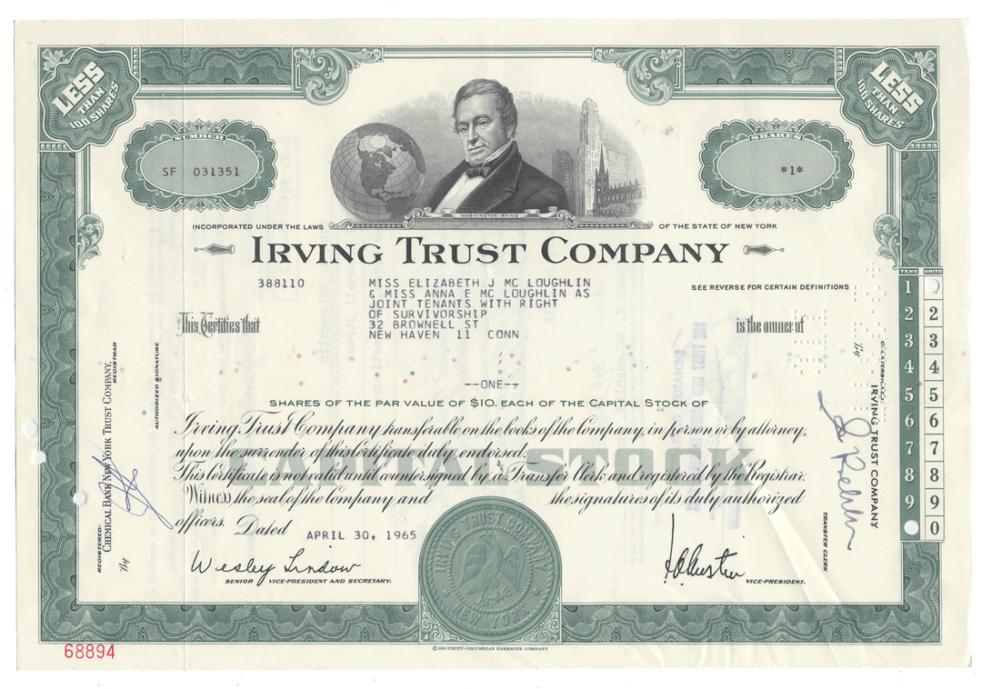 Vintage stock certificate of the Irving Trust Company with a portrait of a man on the front.