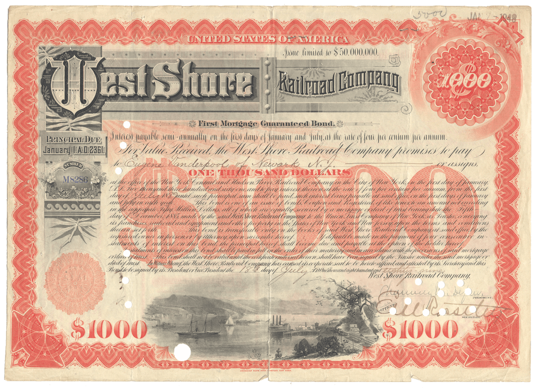 West Shore Railroad Company bond certificate from 1889