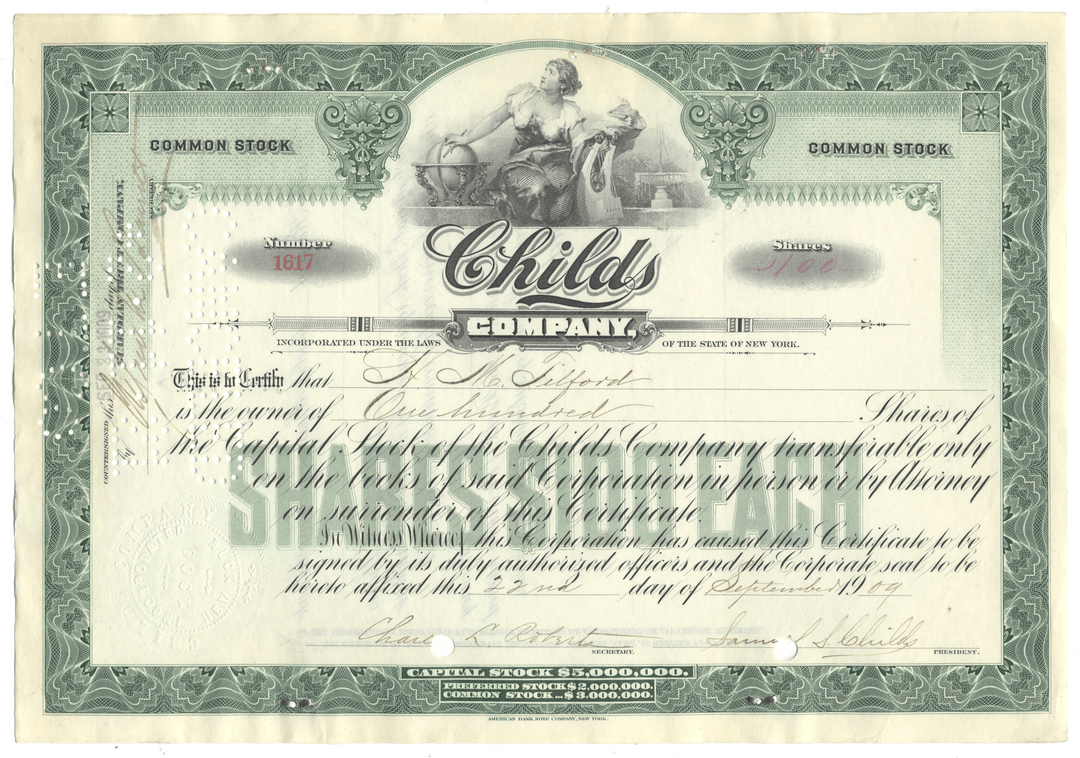 Vintage stock certificate for Child's Company with decorative elements and text.