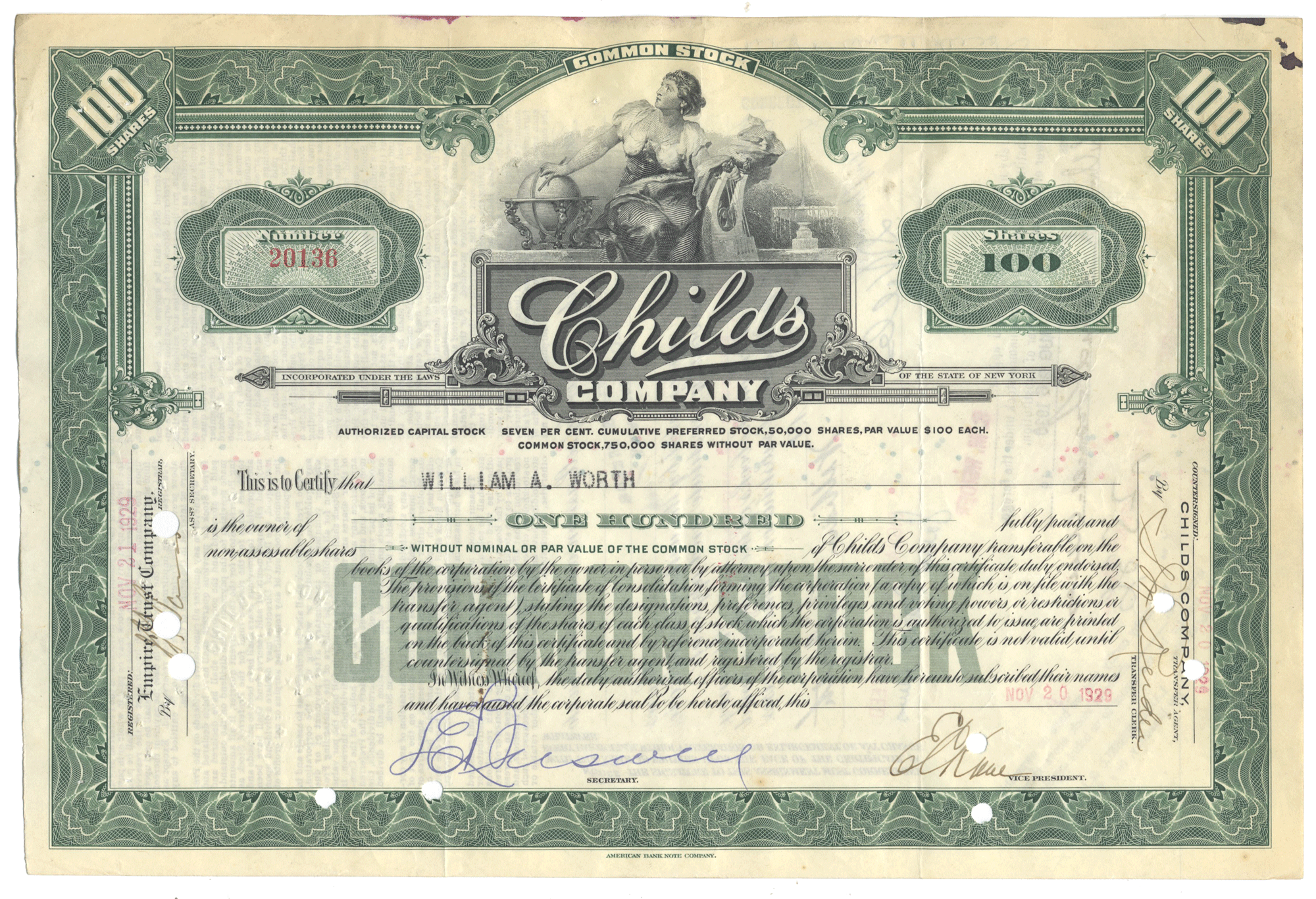 Vintage stock certificate for Child's Company with decorative elements and text.