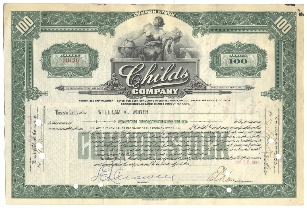 Vintage stock certificate for Child's Company with decorative elements and text.