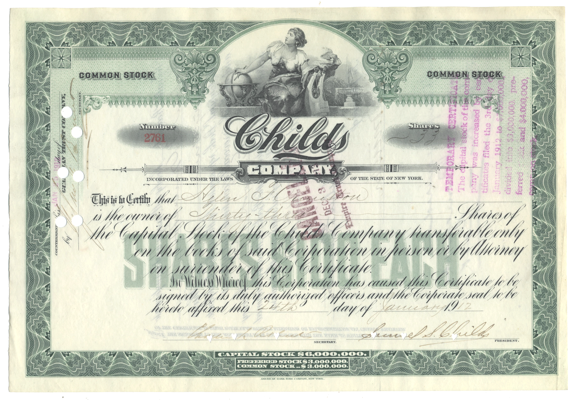 Vintage stock certificate for Childs Company with decorative elements and text.