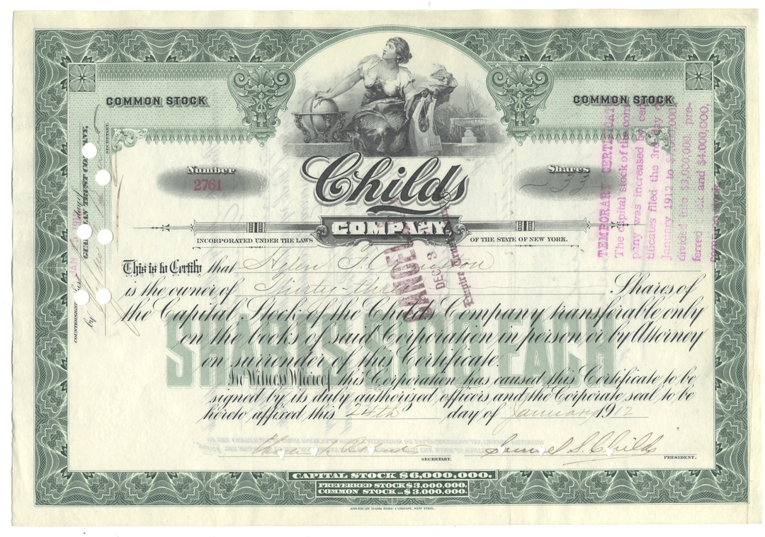 Vintage stock certificate for Childs Company with decorative elements and text.