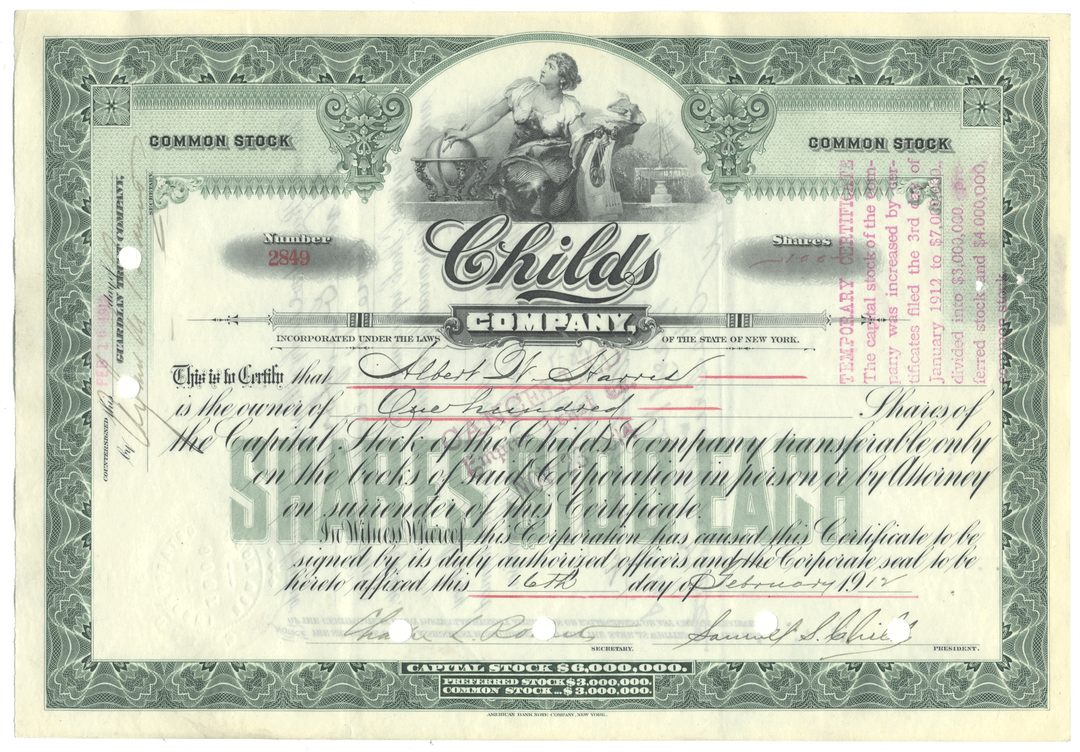 Vintage stock certificate for Child's Company with decorative elements