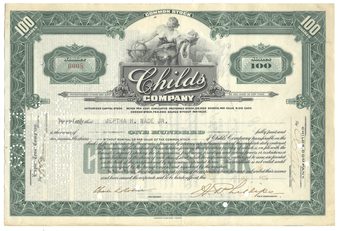 Vintage stock certificate from Child's Company issued to Jeptha Wade, Jr.