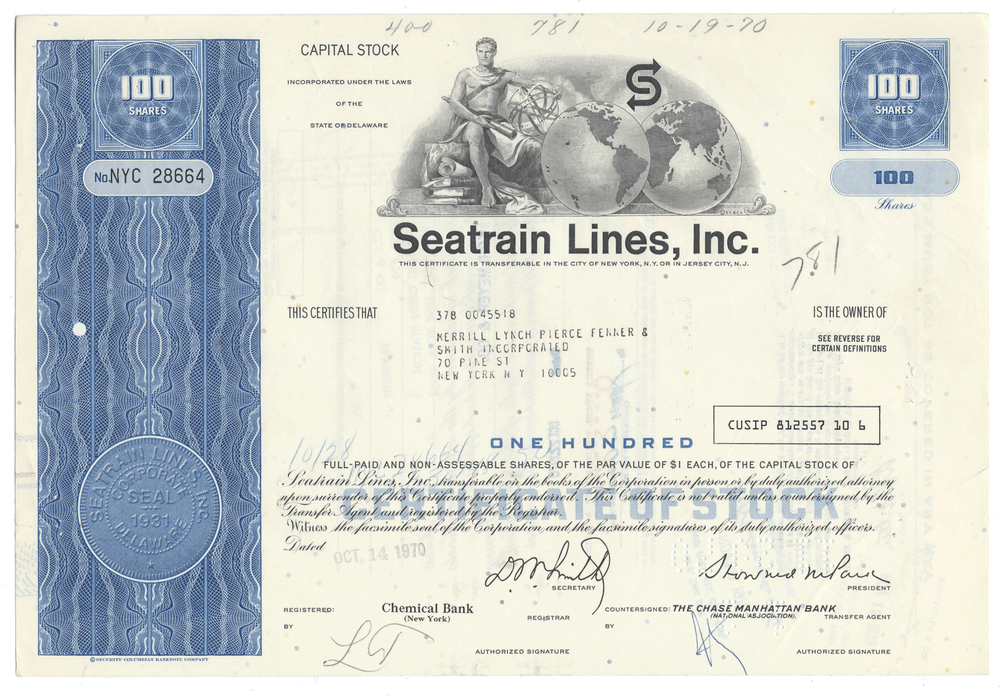 Seatrain Lines, Inc. stock certificate with blue and white design