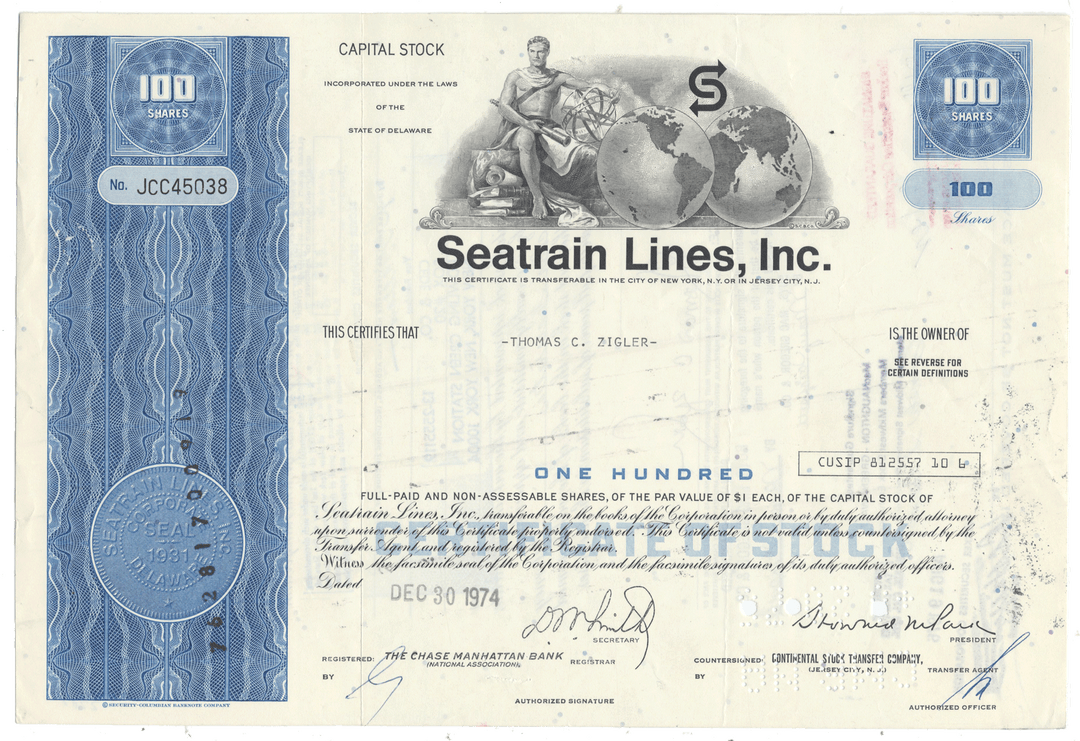 A vintage Seatrain Lines, Inc. stock certificate dated December 30, 1974