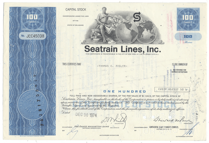 A vintage Seatrain Lines, Inc. stock certificate dated December 30, 1974