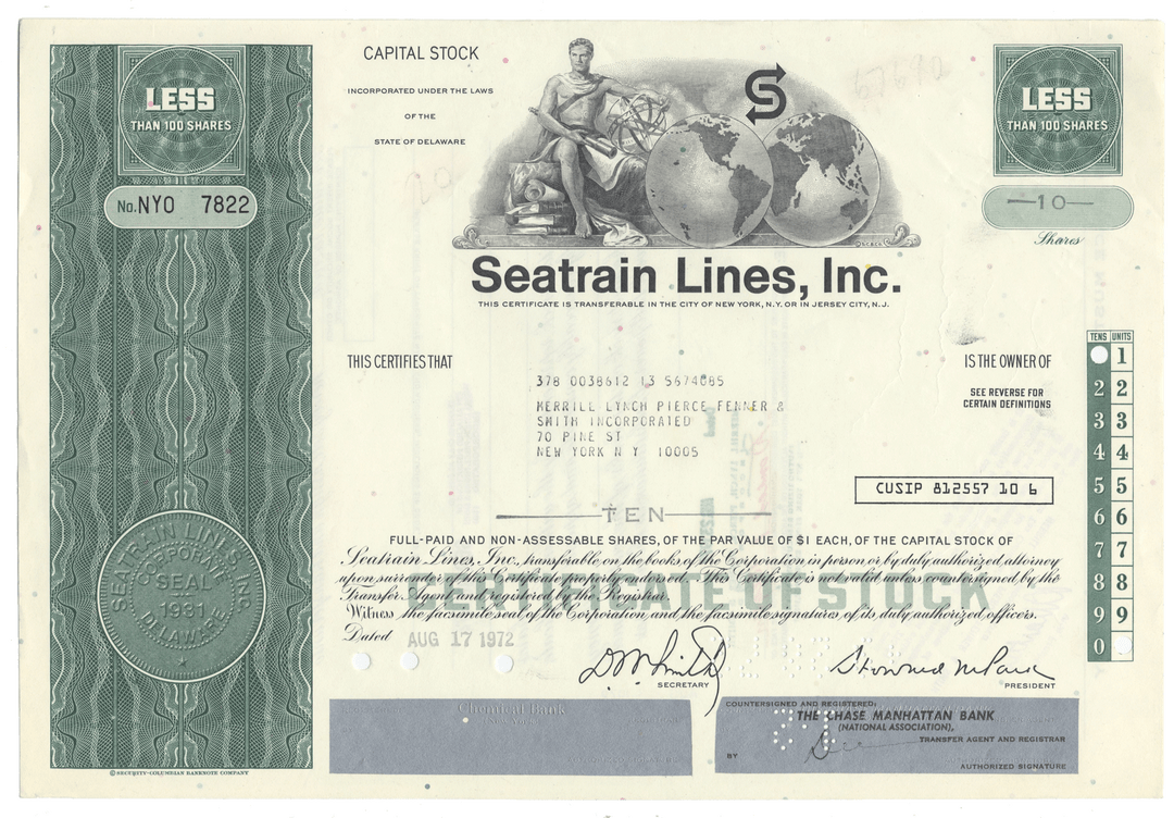 Share certificate of Seatrain Lines, Inc. with decorative elements and text.