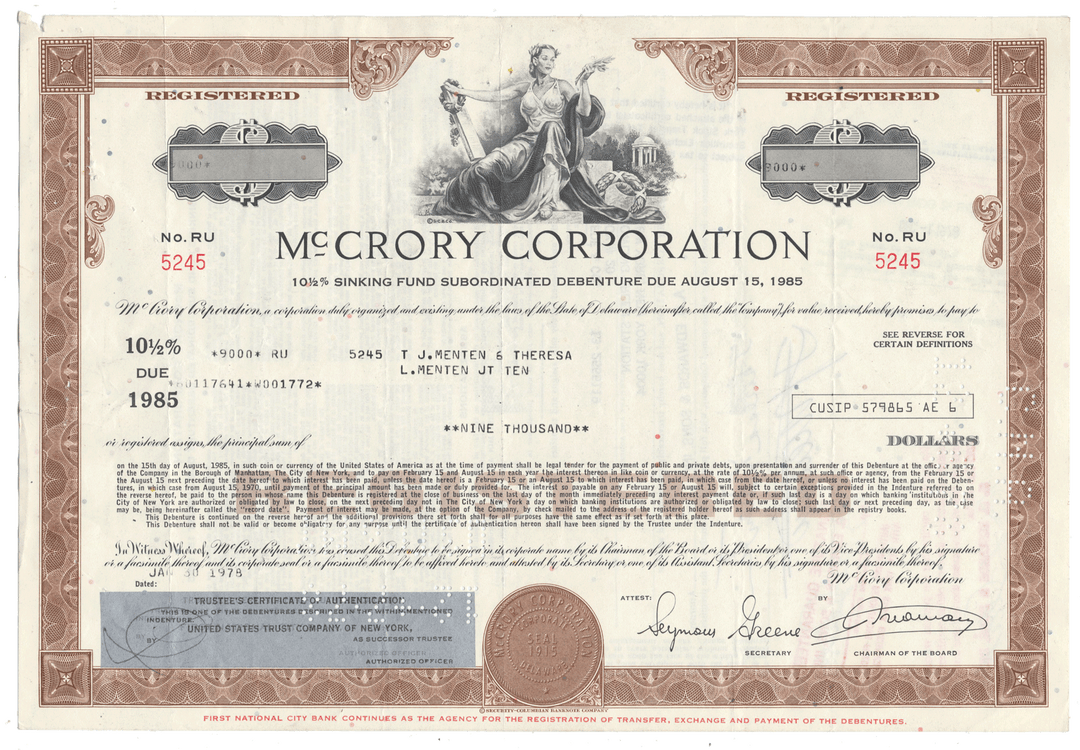 Vintage McCrory Corporation bond certificate dated 1978