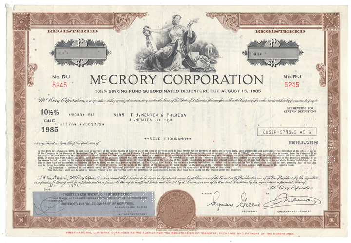 Vintage McCrory Corporation bond certificate dated 1978