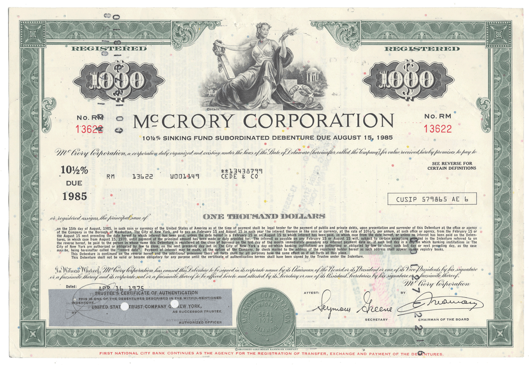 Vintage McCrory Corporation bond certificate dated 1975