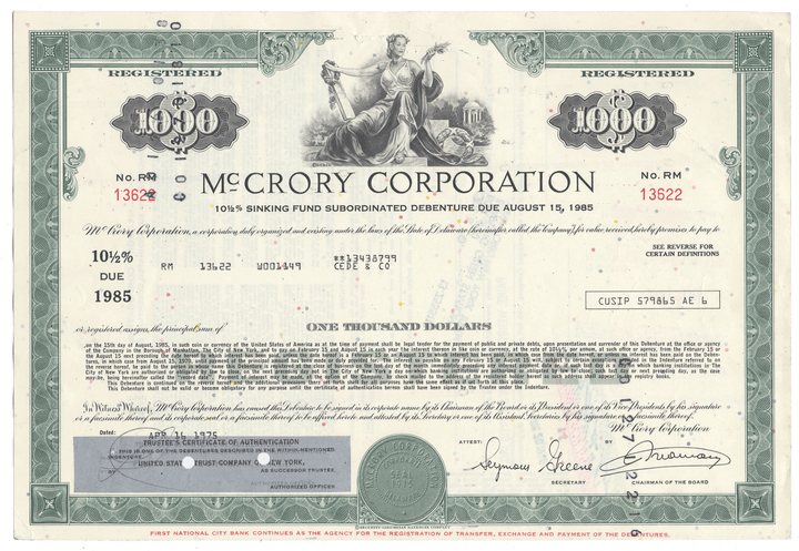 Vintage McCrory Corporation bond certificate dated 1975