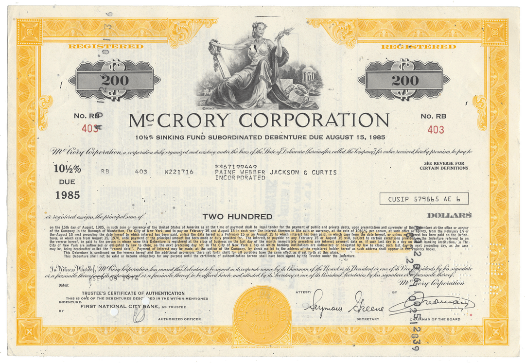 Vintage McCrory Corporation bond certificate dated 1974