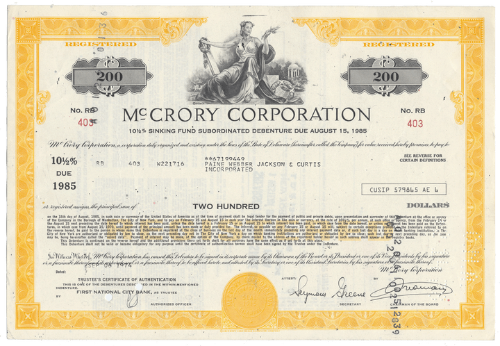 Vintage McCrory Corporation bond certificate dated 1974